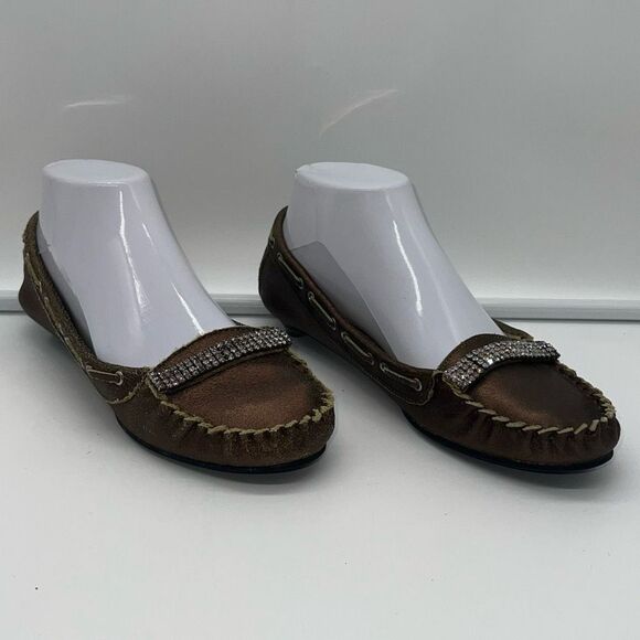 Beverly Feldman Flushed Vintage Metallic Rhinestone Kitten Heel Loafers - Picture 1 of 12